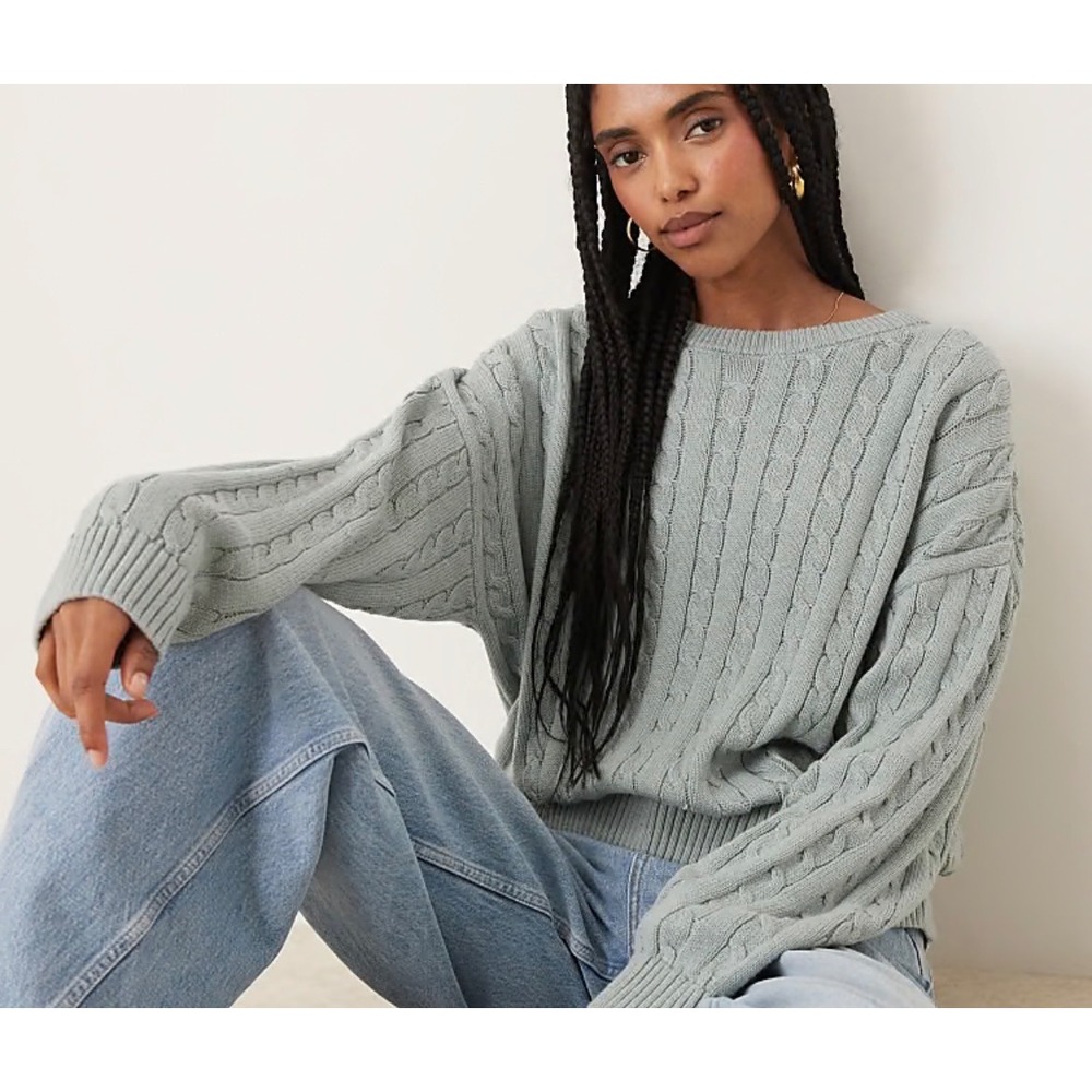 Cotton On Sage green oversized tennis prep cable knit crew neck sweater Small